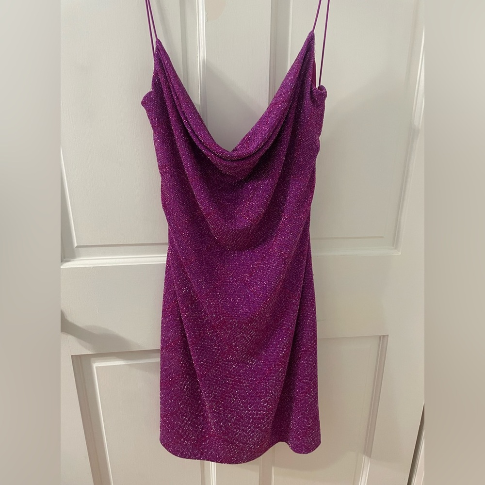 Metallic Cowl Neck Cross Back Strap Bodycon Dress
